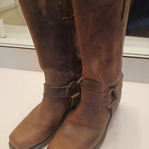 Frye Brown Leather Harness  Distressed Look Square Toe Block Heel Boots.